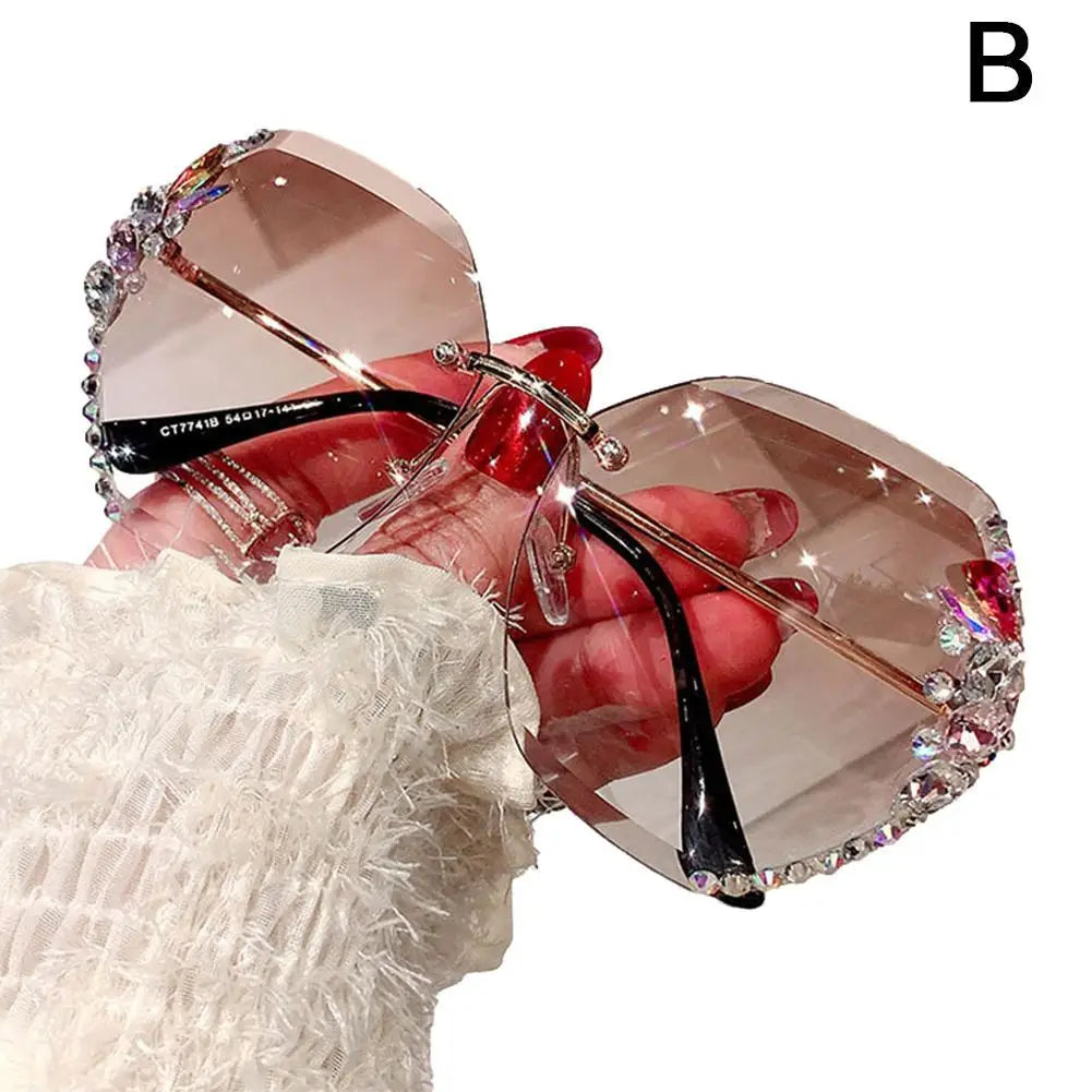 UV Protection Rimless Rhinestone Sunglasses Fashion Gradient Lens Beach Travel Streetwear Shiny Cutting Lens Frameless Eyewear
