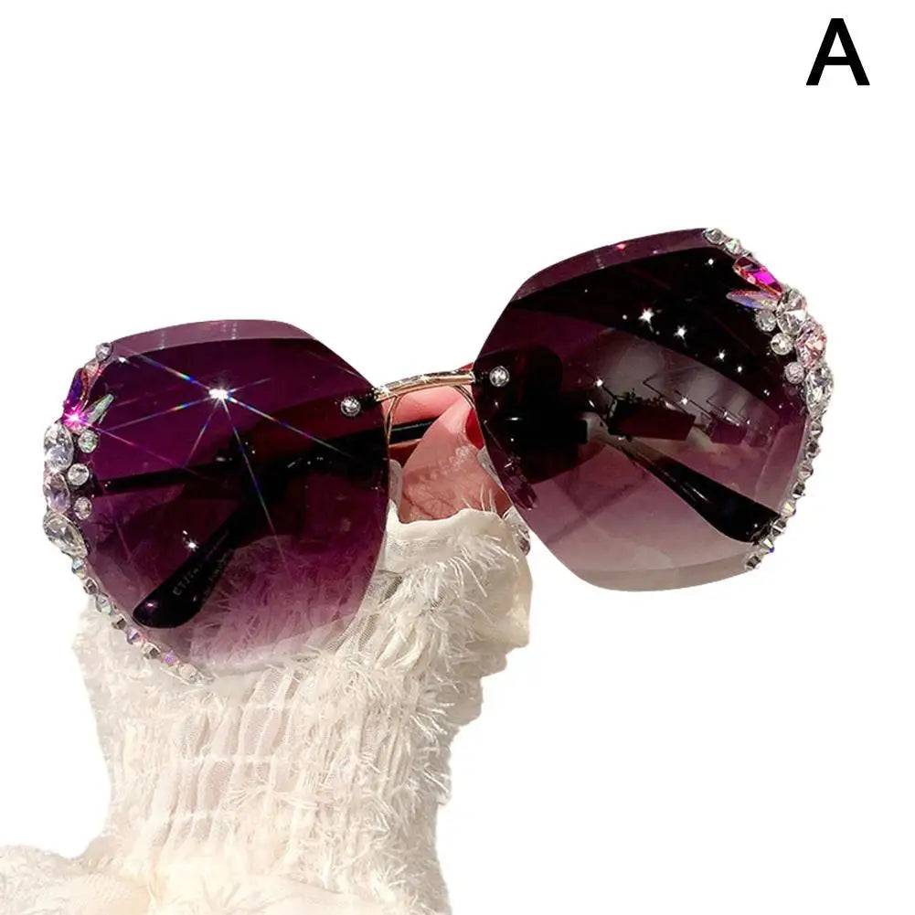 UV Protection Rimless Rhinestone Sunglasses Fashion Gradient Lens Beach Travel Streetwear Shiny Cutting Lens Frameless Eyewear