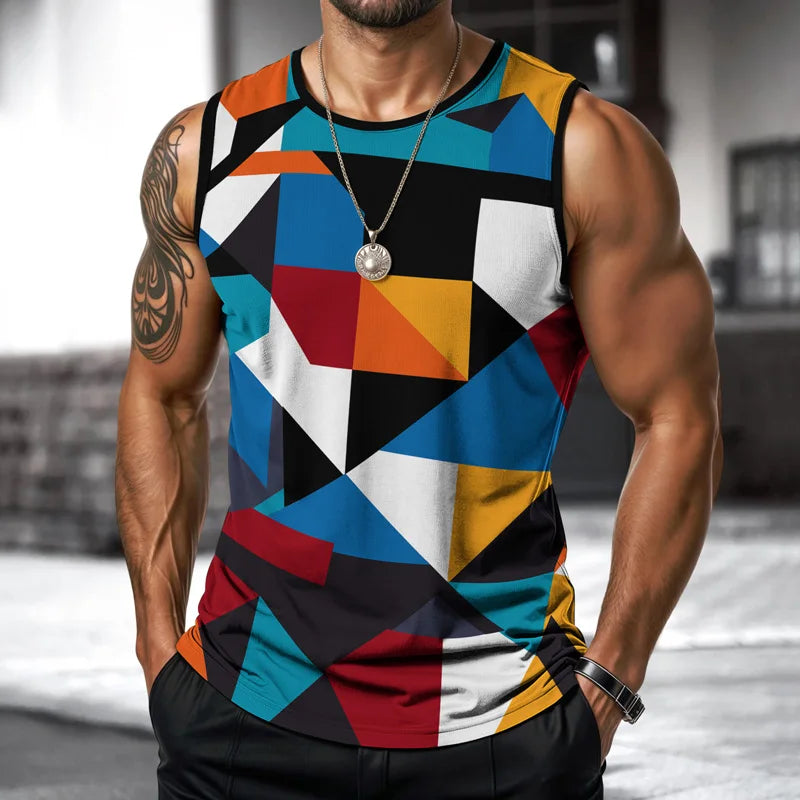 Retro Fitness Men Vest Street Fashion Round Neck Sleeveless T Shirt Printed Daily Outdoor Sports Running Top Animal Plaid