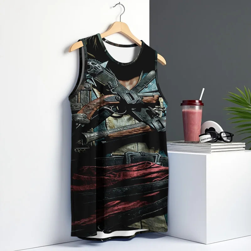 Mens Skull Vest Street Fashion Round Neck Sleeveless Printed T Shirt Daily Outdoor Sports Fitness Running Top Fear 2025 New