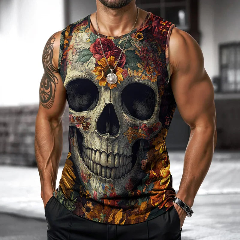 Mens Skull Vest Street Fashion Round Neck Sleeveless Printed T Shirt Daily Outdoor Sports Fitness Running Top Fear 2025 New