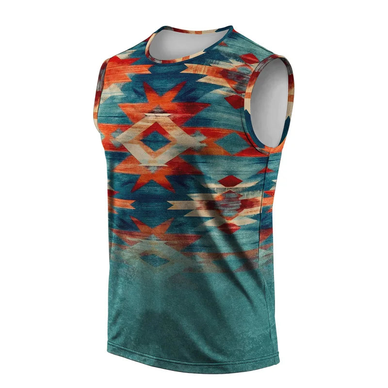 Street Fashion Indian Nationality Mens Vest Round Neck Sleeveless Printed T Shirt Daily Outdoor Sports Fitness Running Top