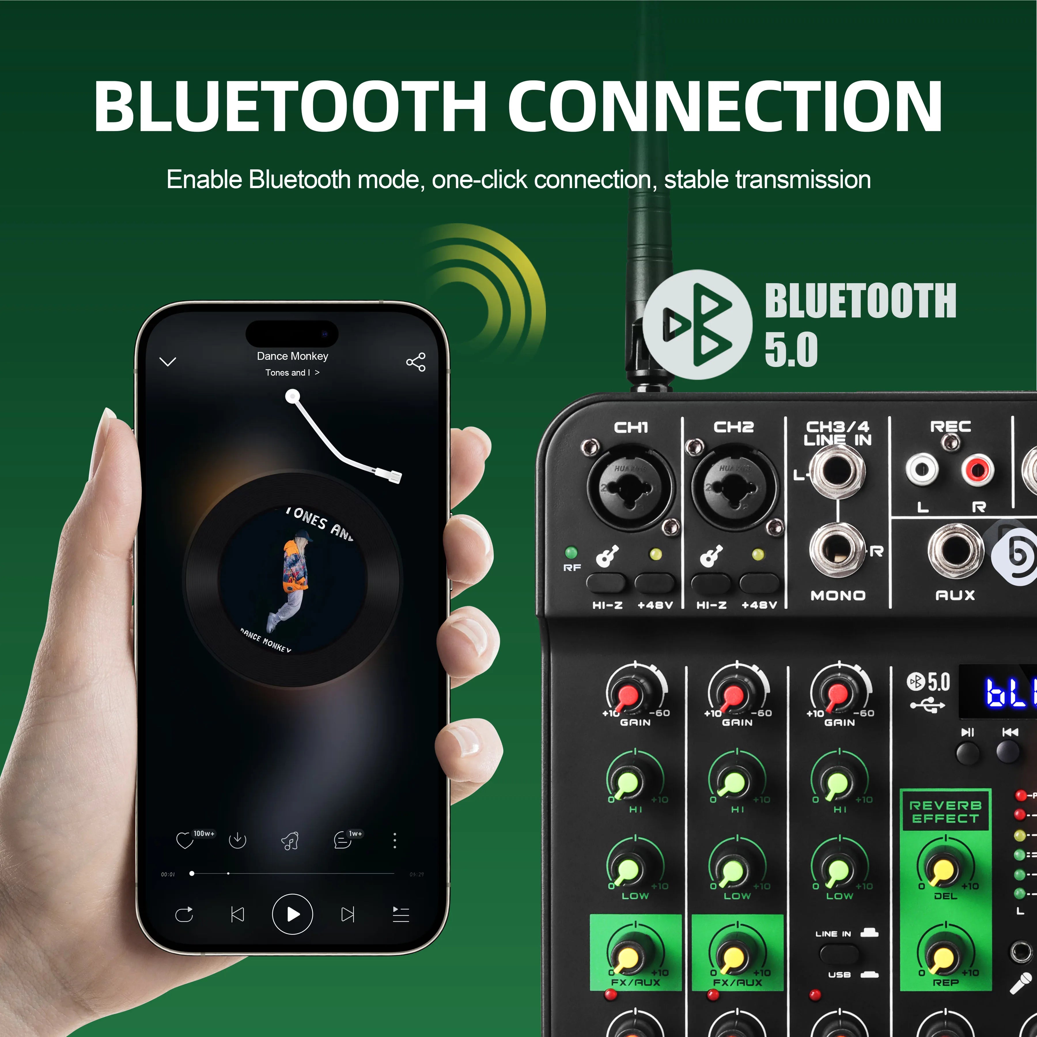 Debra DJ Console UHF Audio Mixer with SoundCard Wireless Mic 5V Bluetooth 5.0 for Karaoke, Live Performance